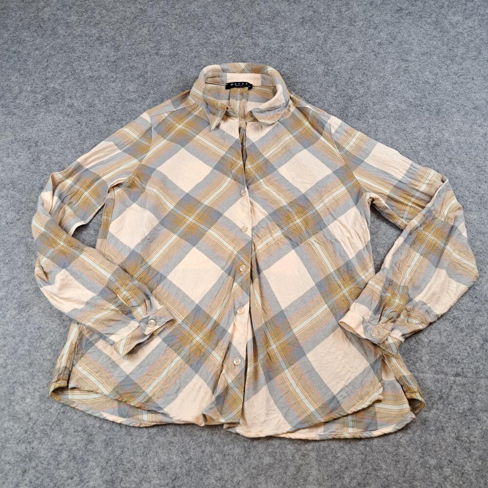 Maven West Shirt Womens XS Beige Plaid Button Long Sleeve USA Boho Tunic Blouse